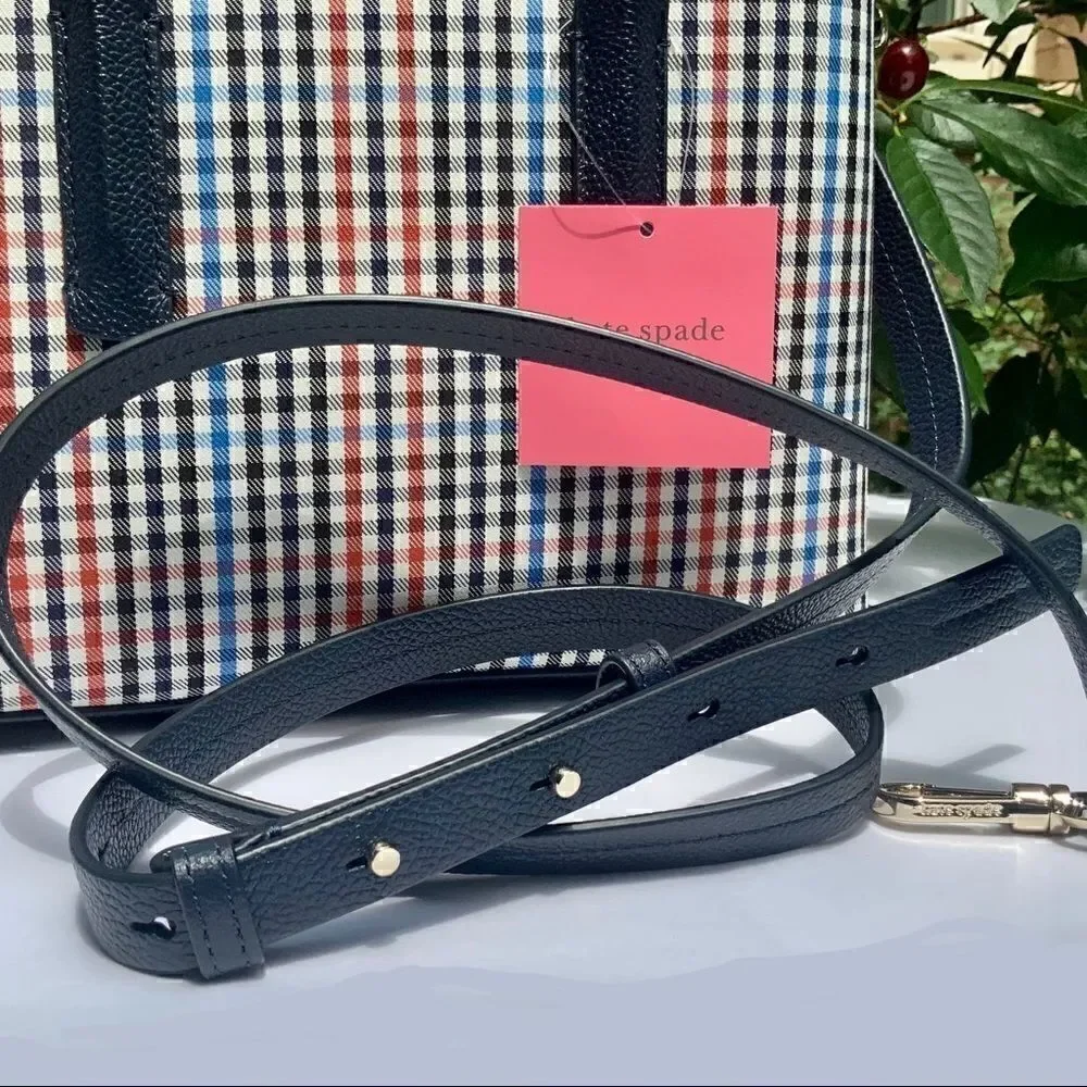 KATE SPADE MARGAUX MEDIUM SATCHEL HANDBAG IN BLUE RED BLACK PLAID + LEATHER TRIM